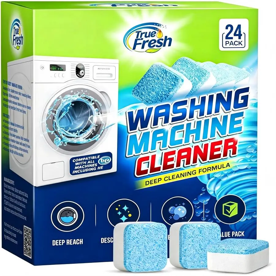 24-count pack of washing machine cleaning tablets, effervescent washing machine cleaner and descaler, suitable for front-loading and top-loading machines; deep-cleaning tablets designed to remove soap scum, stains buildup