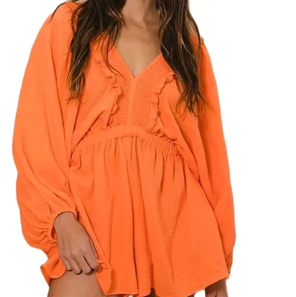 Bucket List Coral Smocked V-Neck Ruffled Romper Flowy