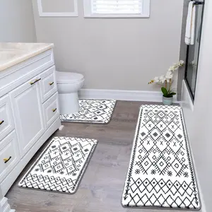 Bathroom Rug Set - 3 count Non Slip Shower Mats with U-Shaped Toilet Mat, Absorbent Microfiber Bath Mats for Bath , Washable Shaggy Floor Carpet