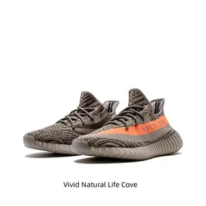 Grey and Orange Knit Low-Top Sneakers with SPLY-350 Lettering and Translucent Cushioned Midsole