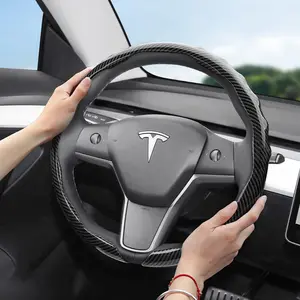 For Tesla Steering Wheel Cover Premium Carbon Fiber Texture Integrated Snap Type Wavy Sports Design Scratch Resistant and Durable All Seasons Steering Wheel Protective Case For Model S/Model 3/Model Y/Model X/Model Y L Black Brown Blue Red Silver White