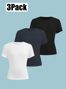 Girls' solid color combination round neck short sleeved T-shirt top 3-piece set, casual fit, slim fit, simple and versatile, suitable for travel, play and sports, Cute Basic Tee, girls' clothing