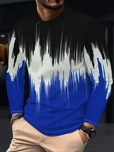 Men's Colorblock Print Round Neck Long Sleeve T-Shirt, Casual Fashion Streetwear Breathable Sports Top, Spring & Fall