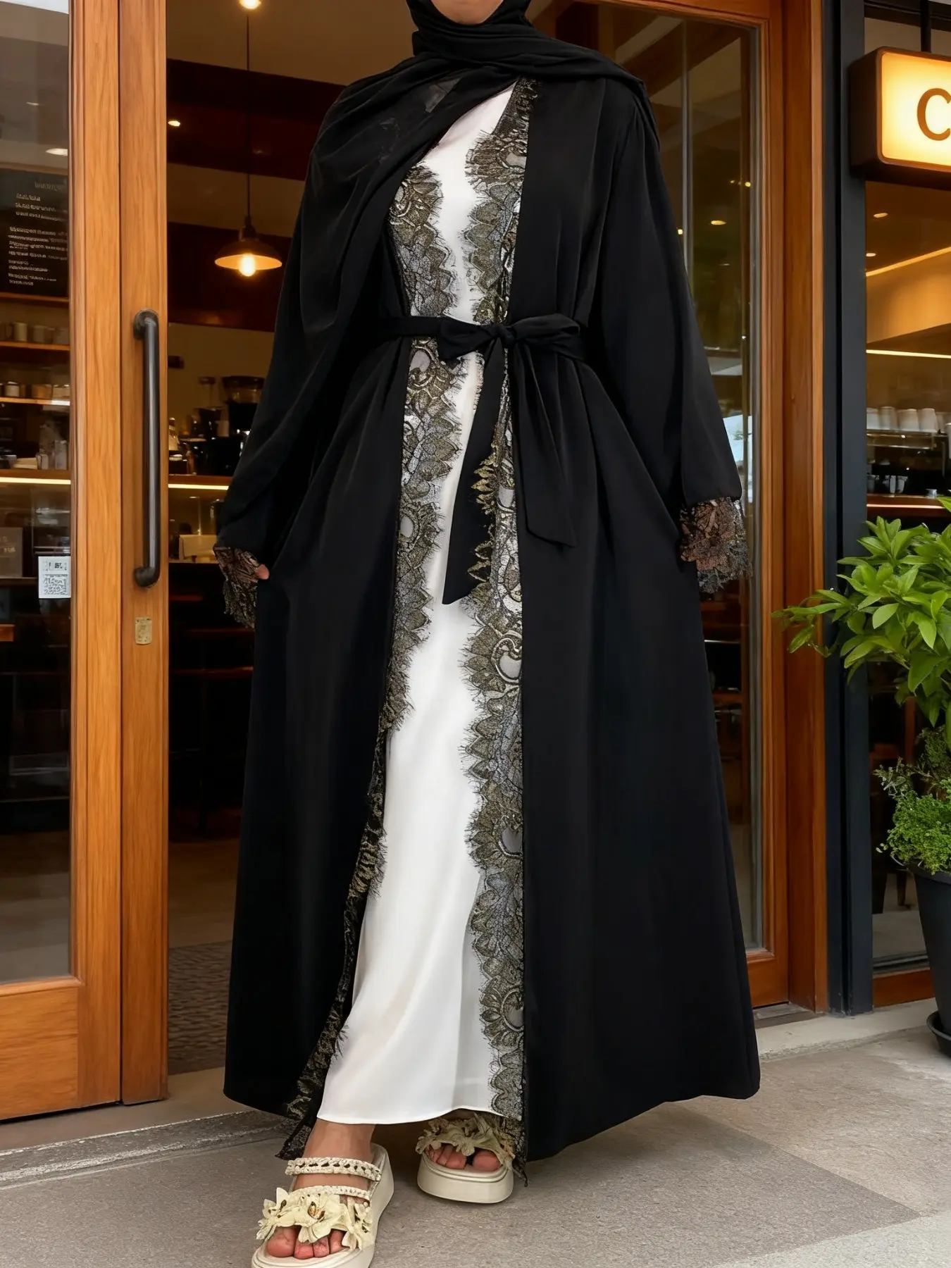 [Including hijab not inner] Muslim Women Nida Material Long Robe, Belted Kaftan, Modest Muslim Outfits, Modesty Muslim Clothing, 5 Sizes Available, Light Blue/Black, Waist Cinching Belt & Pockets, Lace Details, Modest Clothes