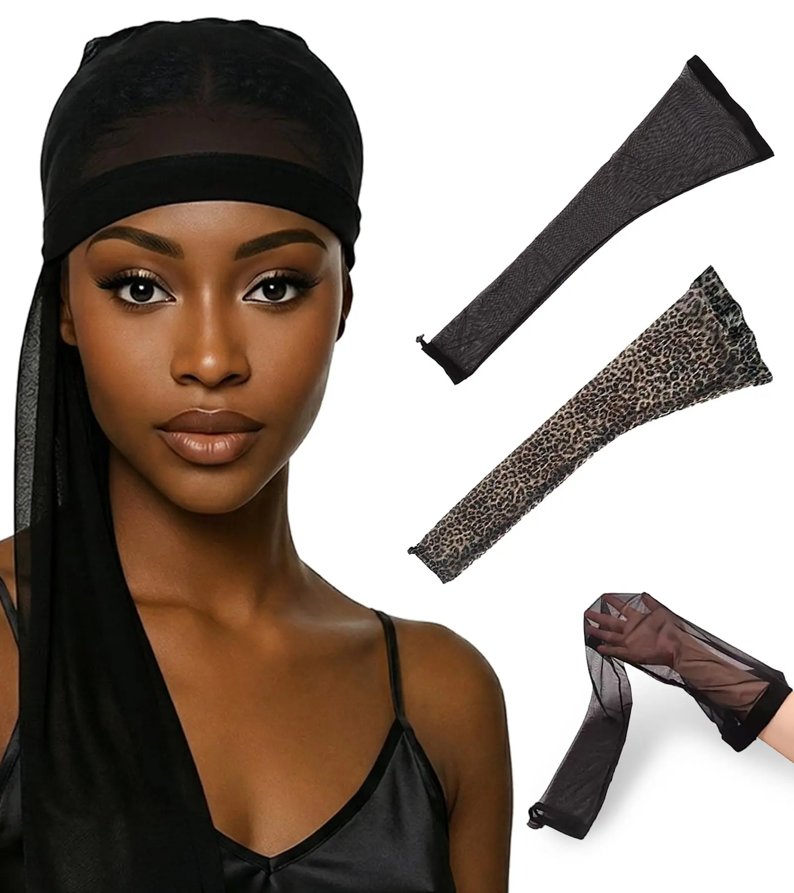 2 Pcs Lightweight Semi Sheer Breathable Mesh Hair Weave Sleeve for Locs and Braids Stretchy Durable Fashionable Design with Elastic Band and Drawstring Long Wig Cap for Dreadlocks Black Leopard
