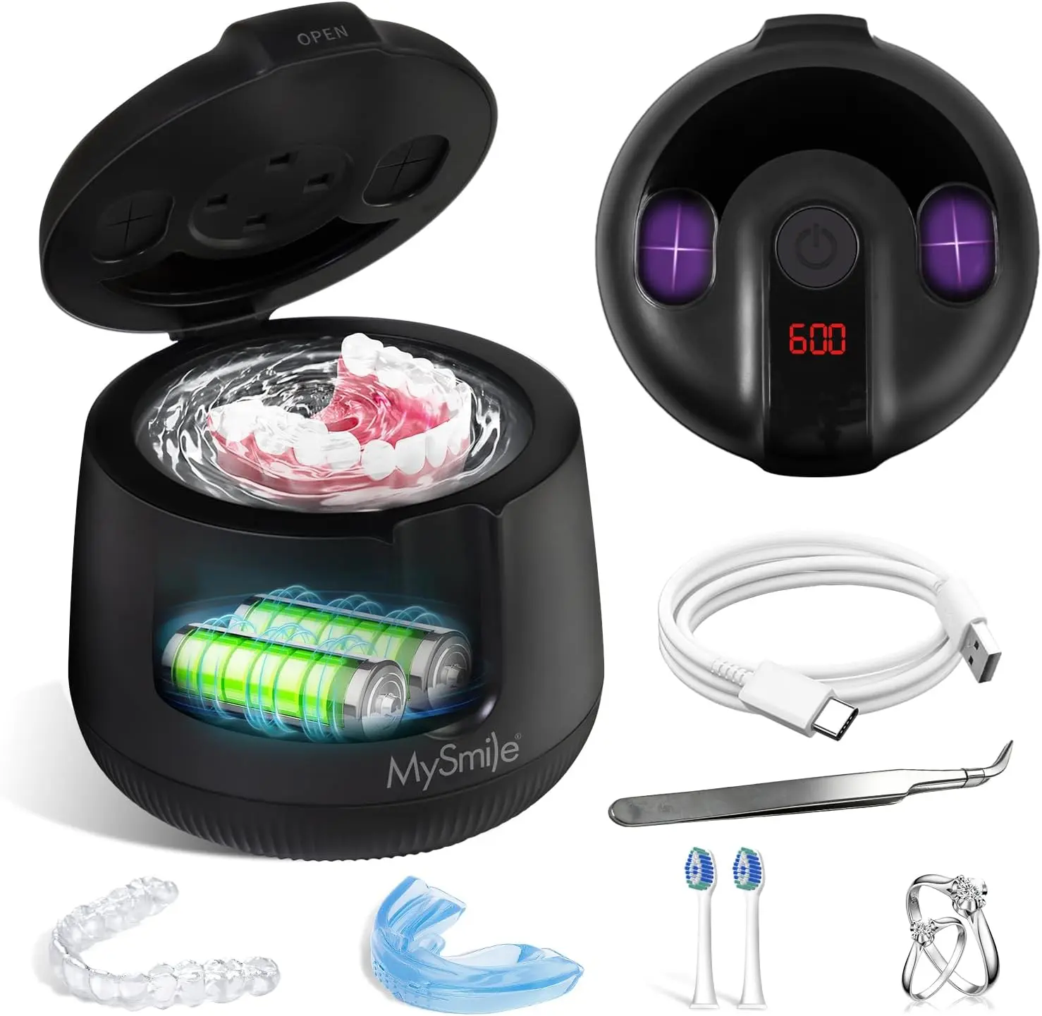 MySmile Cordless Ultrasonic Cleaner with UV Light, 4000mAh Portable Rechargeable Dental Pod for Retainers & Dentures, 200ML Compact Machine, 24-Month Warranty, Usb-C, Compact Shape