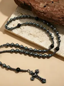 Vintage Gunmetal Beaded Necklace, Human Cross Alloy Pendant, Natural Onyx & Glass Pearl Beads, Layerable Long Sweater Chain
