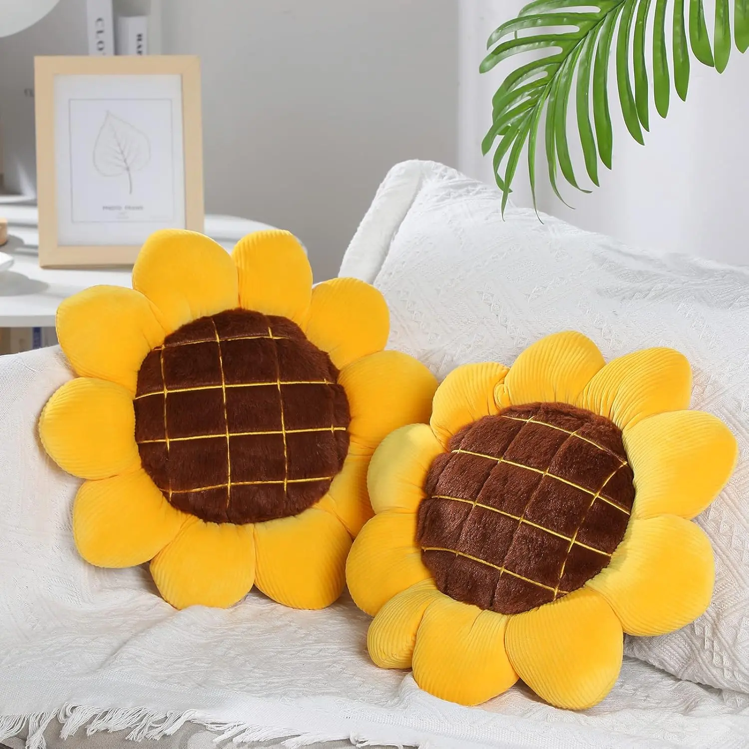 2 count 3D Sunflower Flower Floor Pillow Seating Cushion Mat Sunflower Shaped Throw Pillow Yellow Chair Pads Decorative Plush for Bed  Couch Chair Sofa Office Girls Gifts(15 Inch)