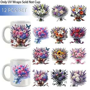 12PCS/ SET Bouquet Of Flowers DIY UV Transfer Paper Set - Waterproof Vinyl Transfer Paper For Cups, Bottles, Laptops Crafts Cup Stickers