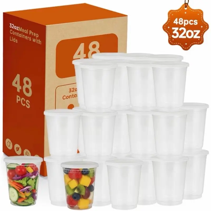 48Pack 32-Ounce Ready-To-Eat Cup Containers with Sealing Lids, Disposable Soup Meal Prep Containers, Leak-Proof Thick Plastic Takeout Food Storage Boxes, Safe for Microwave, Dishwasher, And Freezer - The Perfect Choice for Christmas, Gifts