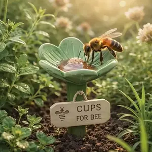 One flower-shaped resin bee water station, hummingbird feeder with floral design, outdoor pollinator water bowl with textured center, bee pollinator feeder and drinking cup