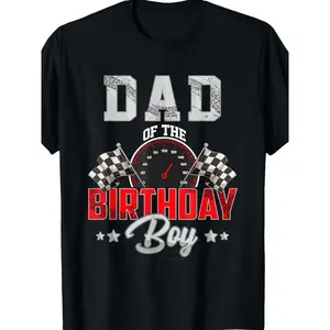 Men's Father's Day Birthday Boy Racing T-Shirt| Black checkered flag and speedometer, racing-themed gift, suitable for fathers and birthday boys, durable printed short-sleeve T-shirt, suitable for track parties and motorcycle sports, vintage style, round