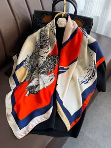 Spring Summer Colorblock Horse Print Silk Scarf, Neck Warmer, Multifunctional Wrap, Cold Protection, Fashion Accessory
