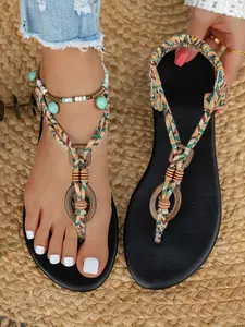 Boho Style Flat Roman Sandals, Ethnic Weave Toe Thong Shoes, Commuter Wear Outdoors, Retro Bohemian Design, Comfortable Flats, Bohemian Trending Sandals