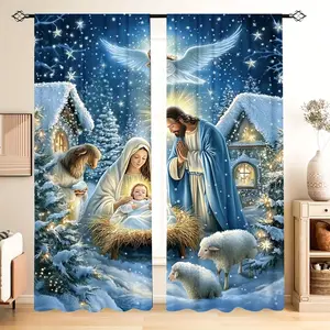 Christmas • Durable 2pcs Nativity Scene Curtains • 2D Flat Print Polyester • Semi-Transparent Rod Pocket • Easy Hanging • Bedroom Kitchen Study Decor