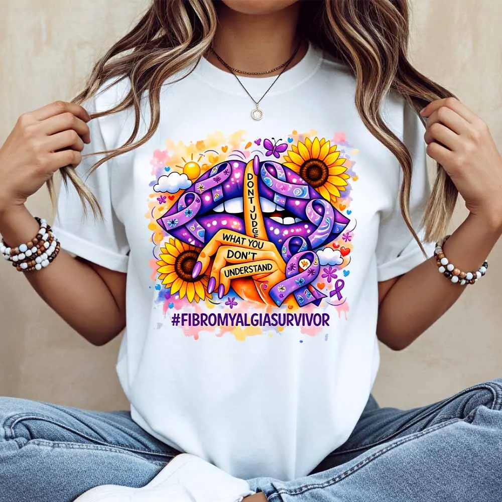 Fibromyalgia Survivor Ribbon Sunflower Design T-Shirt White Crew Neck Casual Wear For Everyday And Active Lifestyle