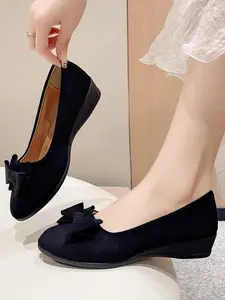 Elegant Women's High Heel Platform Shoes, Chunky Heel Pumps, Vintage Bow Design, Comfortable Casual Fashion Footwear, All Season Round Toe Boots