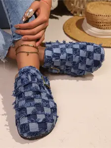 2026 New Women's Frayed Denim Checkered Mules, Vintage Distressed Plaid Closed Toe Clogs, Comfortable Slip On Slides for Summer OutdoorWomen's Black White Checkered Denim Mules, Frayed Distressed Plaid Buckle Strap Clogs, Casual Closed Toe Slides for All