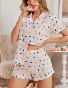 Colorful Heart Print Pajama Set for Women Macaron Sweet Dream Blue Breathable Comfortable & Relaxing Loungewear Soft Stretchy 3D Pattern