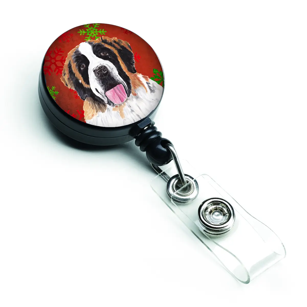 Saint Bernard Red & Green Snowflake Christmas Retractable Badge Reel, Badge Reels Retractable, Badge Decoration, Retractable Badge Holder