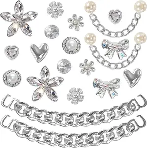 20Pcs Glitter Shoe Charms – Pearl, Crystal & Flower Bling with Chains – DIY Shoe Accessories for Women