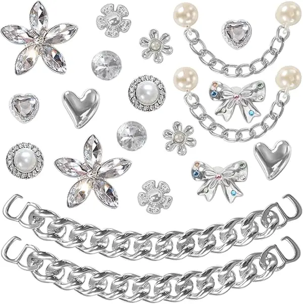 20Pcs Glitter Shoe Charms – Pearl, Crystal & Flower Bling with Chains – DIY Shoe Accessories for Women
