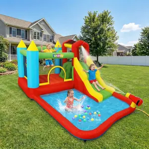 Whubefy Inflatable Bounce House for Kids 3–12, Includes Blower，300lbs Capacity, With Water Slide, Climbing Wall, Basketball Hoop & Water Gun. Wet & Dry Use, Indoor Outdoor All-Season Fun. Perfect Kids Gift & Party Essential!