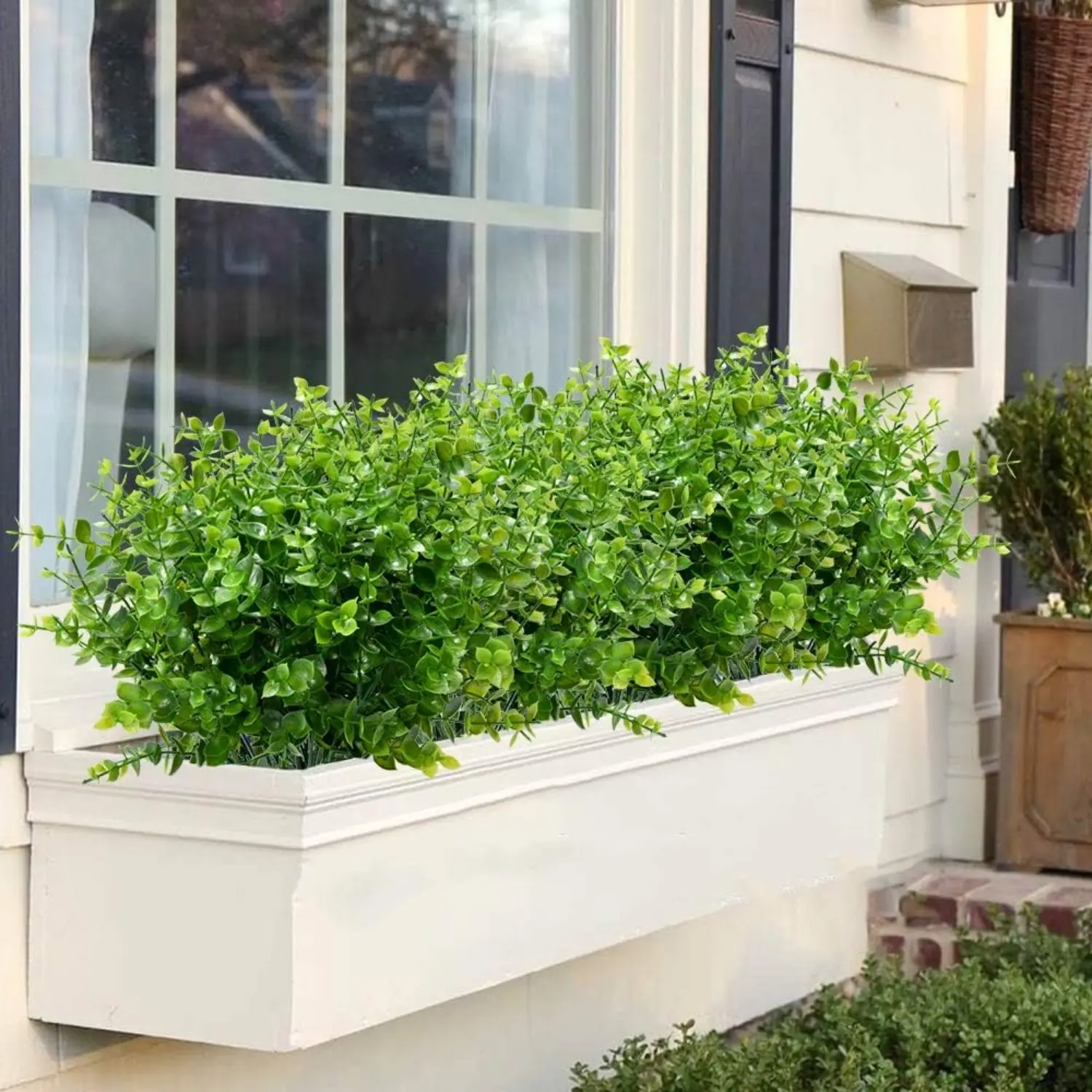 8-Piece UV-Resistant Outdoor Artificial Boxwood Stems, 14in Faux Plastic Greenery with Natural Look for Garden, Balcony Decor, Decorative Window Box Supplies - Birthday Decor Home Improvement Garden Goods