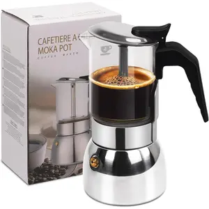 4 Cup Glass Clear Moka Pot Thickened 304 Stainless Steel Stovetop Espresso Maker Italian Coffee Machine 200ml 6.8oz Classic Mocha Cafe Greca Coffee Suitable for Gas Induction