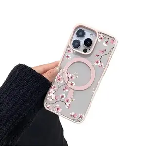 Elegant Floral Background Design Featuring Pink Cherry Blossoms, a Pink Magnetic Phone Case Compatible with for iphone17/ 16/15/14/13/12/11/X/XS, Ultra-Thin TPU Protective Cover, Slip-Resistant And Scratch-Resistant