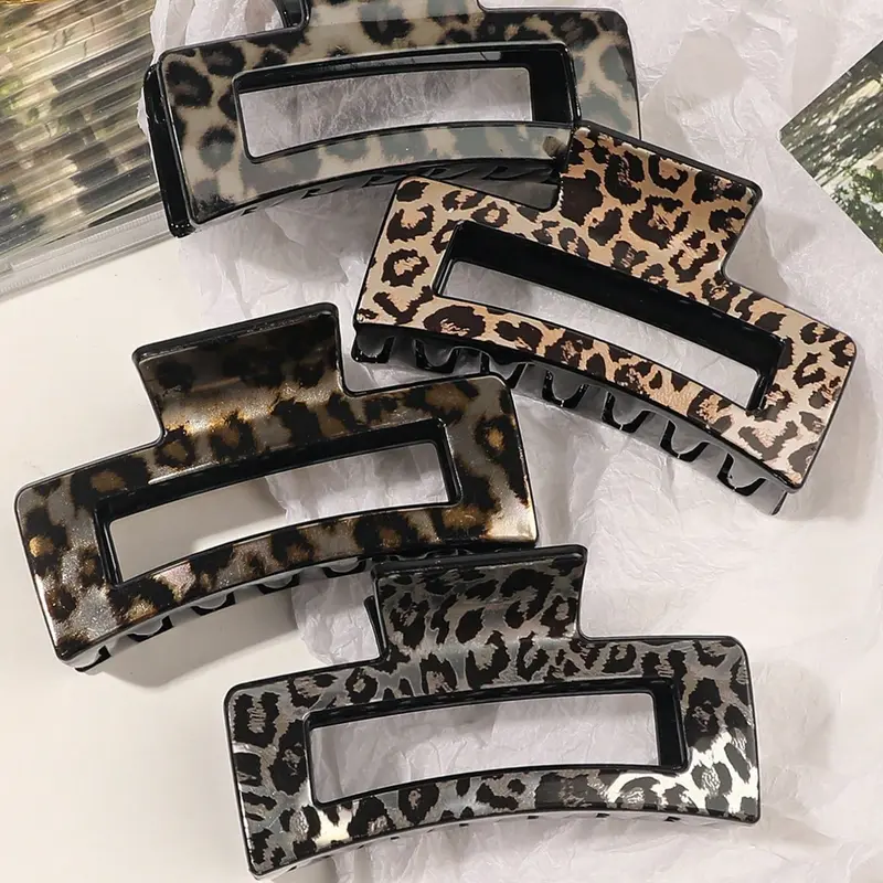 4pcs Leopard Print Hair Claw Clips, Claw Clip Pack, Glossy Minimalist Hair Clip Set Fashion Hair Accessories for Daily Casual Wear, Square Shape Hair Clip Set for All Seasons