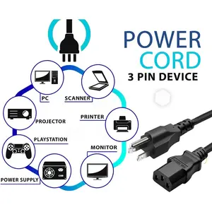 Standard 5ft (1.5m) 10 Amps 125 Volts Black 3 Prong AC Power Cord Cable for Electronics, TV, Computer, Printer, Radio, Monitor, Samsung, Dell, Vizio, LG, Asus, Laptop and More