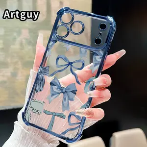 Phone Case for iPhone 17 Pro Max 16 15 Plus Air 14 13 12 11 E Blue Bow Symphony Pattern Four-corner Thickened Anti-drop Protective Silicone Cover Gift