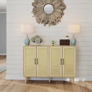 Modern Rattan Sideboard Cabinet with 4 Doors & Adjustable Shelf for Kitchen Buffet Storage Living Room Entryway Black 15"D X 48.43"W X 34.65"H Sturdy MDF Board & Solid Metal Leg tiktokshopspringglowup