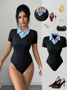 Womens Fake Two Piece Jumpsuit – Striped V Neck Slim Fit Romper