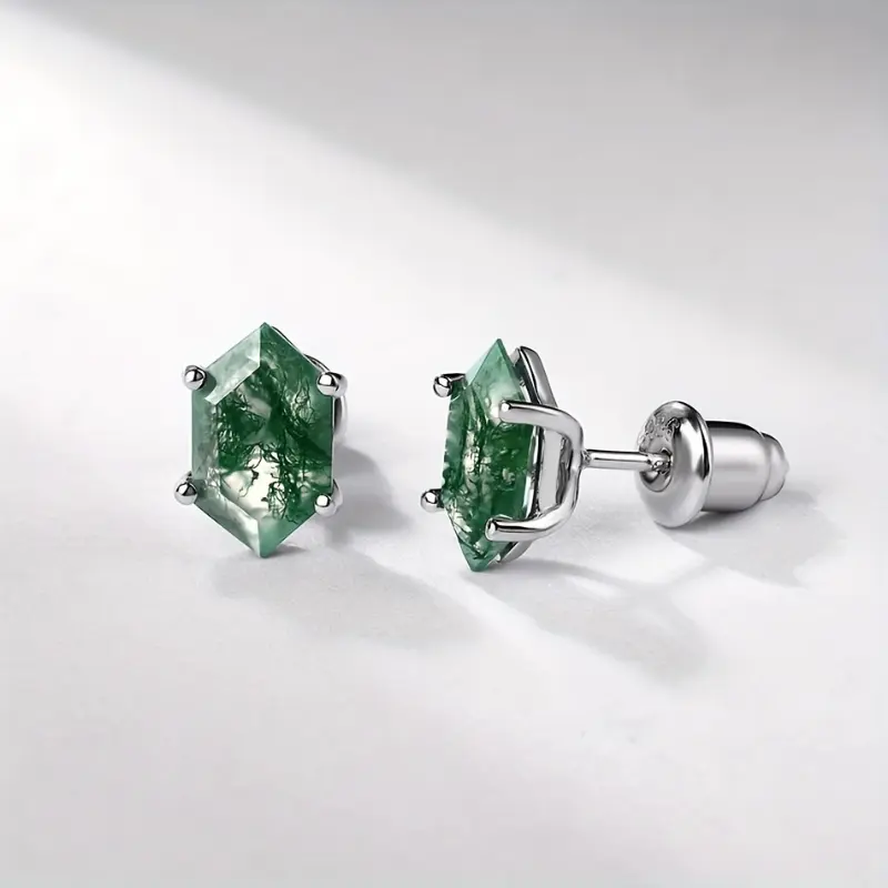S925 Sterling Silver Women'S Fashionable Moss Agate Earrings, Featuring Natural Stones in a Luxurious European And American Style, Popular And Elegant, Set with 6*10Mm Green Moss Stone, Perfect for Valentine'S Day Gifts, Suitable for Partie