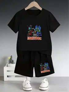 Lankybox Dark Fantasy Character Collection Game-Style Printed Children's Set, Summer New Design Boys And Girls Short-Sleeved T-Shirts + Shorts 2-Piece Set, Comfortable, Casual, Fashionable, Daily Wear, Versatile, Ideal Gift Choice