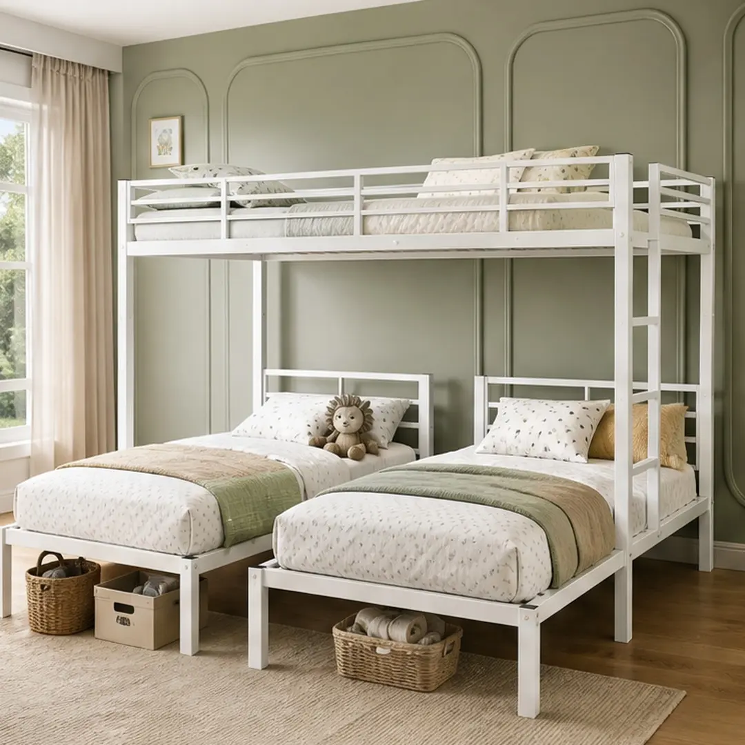 ARCH Metal Triple Bunk Bed Frame for Kids, 3-in-1 L-Shaped Triple Bunk Beds for 3, Detachable into 3 Twin Beds, Noise-Reduced Structure, White, Modern Bedroom Furniture, Twin Size, 77.48"W x 92.01"D x 64.37"H, Twin Size Options, White Color Options