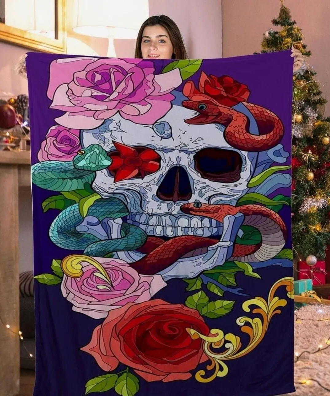 Snake & Skull Blanket, Dark Gothic Fleece Throw Blanket