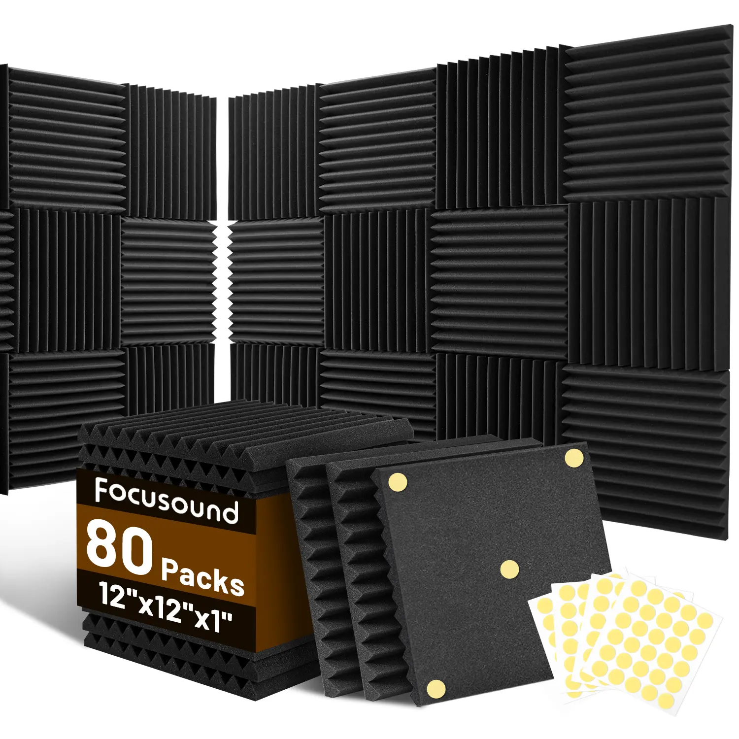 Soundproofing Focusound 12 Grooves 80 Packs Noise Reduction Foam Panels 1" x 12" x 12" with 420PCS Double-Side Adhesive. Noise-Cancelling Foam Panels optimize sound quality for room decoration, ideal for creators, streamers, and gamers. Room Accessories.