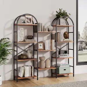 Triple Wide Arched Bookshelf, 4-Tier 11-Shelf Tall Bookcase, Industrial Display Shelf with Steel Frame, Rustic Wood Panels, Adjustable Feet & Anti-Tip Kit, Freestanding Storage Rack for Living Room, Bedroom, Office