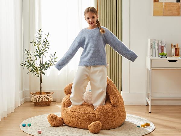 Kids Bean Bag Chair, Stuffed Toddler Couch with Faux Rabbit Fur Cover for Teens & Kids, Comfy Lazy Sofa Chair for Reader, Living Room, Bedroom, Aged 4-12 Years, 31 Inch, Kangaroo Brown