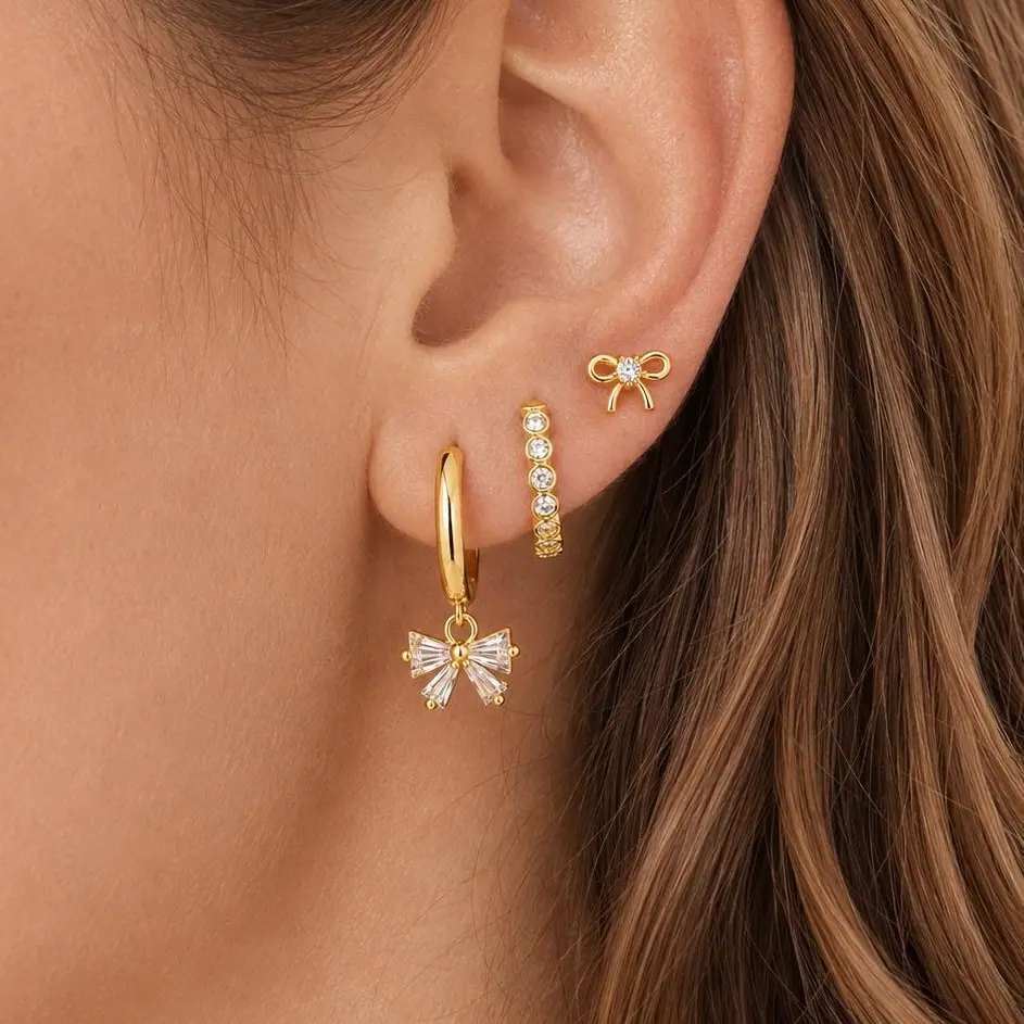 14K Gold-Plated Brass Ear Cuffs & Studs Set – 3 Pairs of Adjustable Earrings with Diamond Accents, Dainty & Stackable
