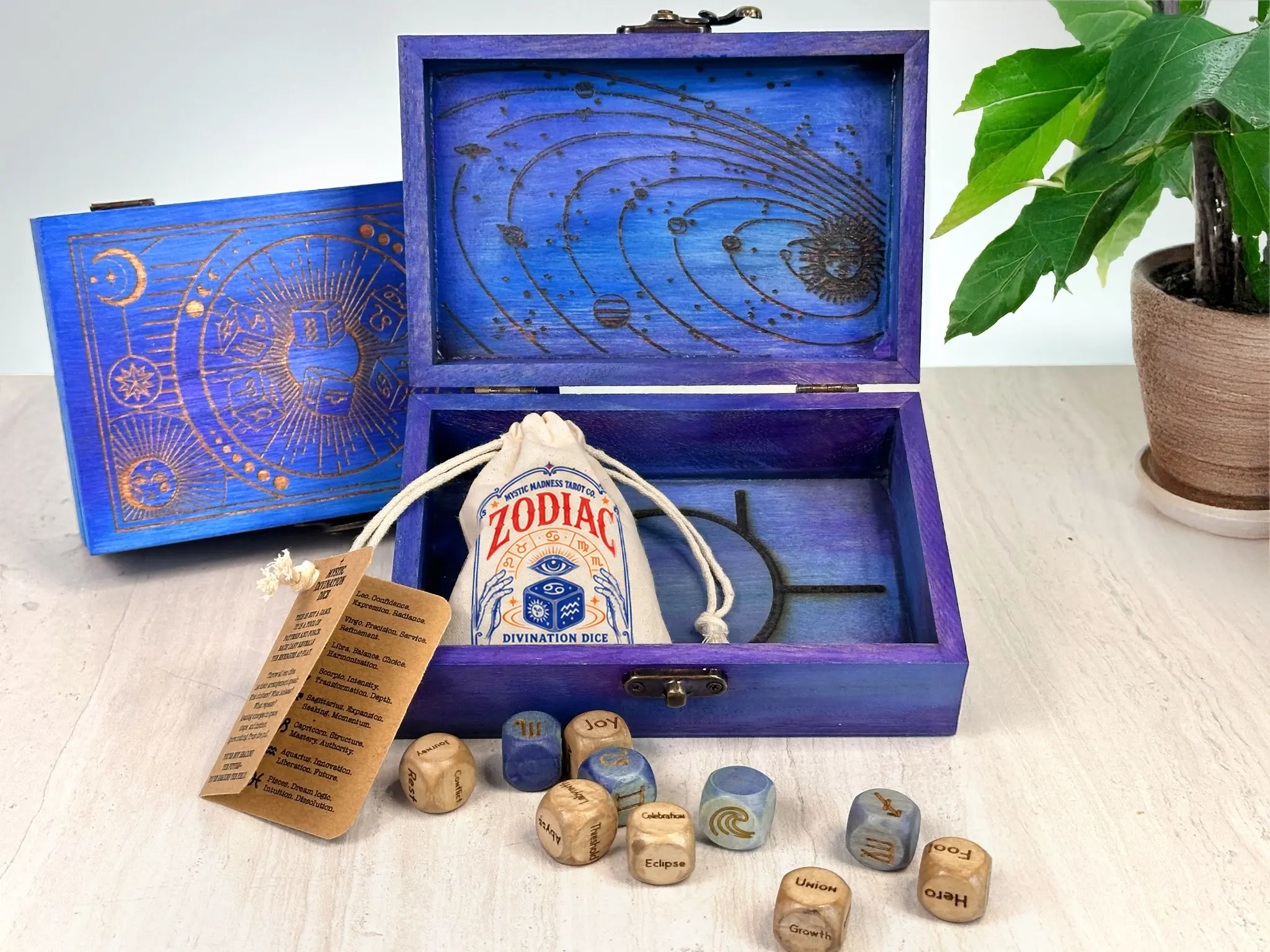 Zodiac Divination Dice – Artisan-Made Wooden Oracle Dice, Dice & Pouch or Casting Box Options