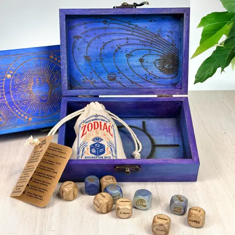 Zodiac Divination Dice – Artisan-Made Wooden Oracle Dice, Dice & Pouch or Casting Box Options