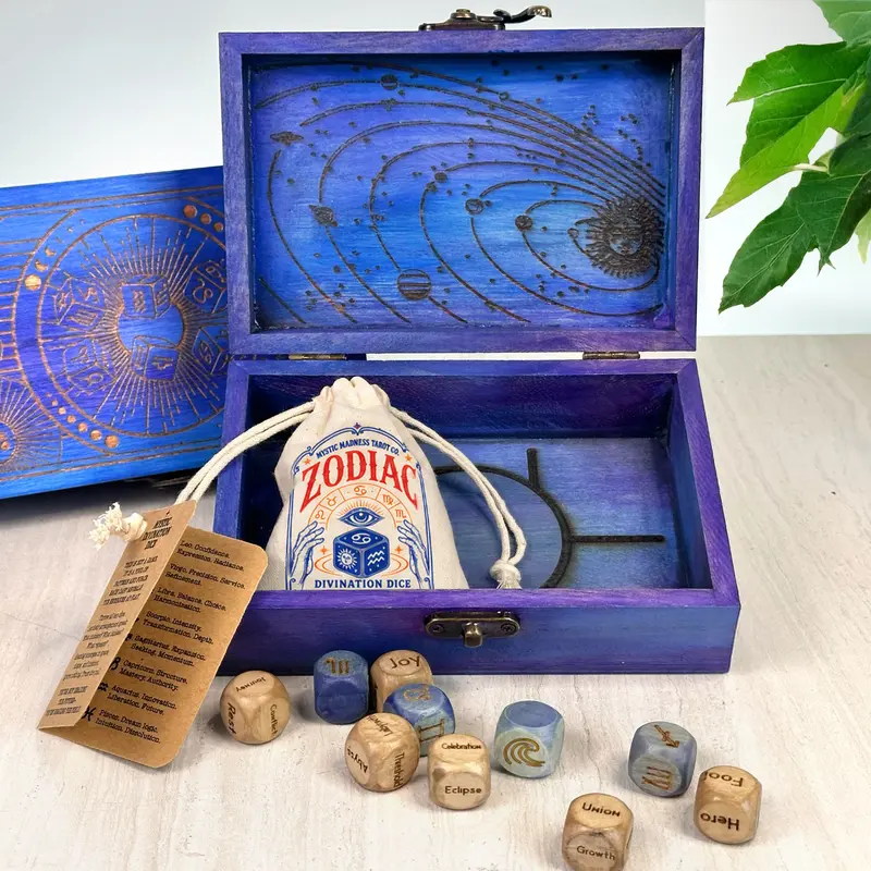 Zodiac Divination Dice – Artisan-Made Wooden Oracle Dice, Dice & Pouch or Casting Box Options