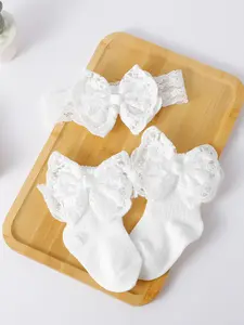 Baby Lace Bow Cute Textured Socks Set with Matching Hairband, Cute Sweet Design, Baby Clothing, Perfect for Full Moon and First Birthday Gifts