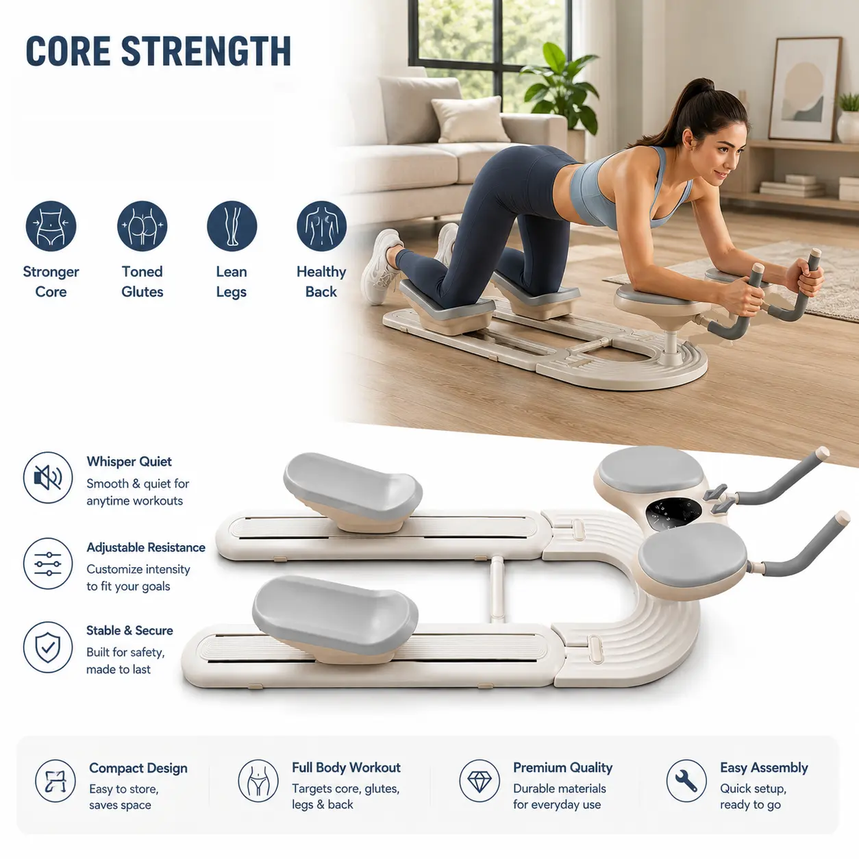 Collapsible Crawling Exercise Equipment - High-Precision Glide Mechanism, Curved Ergonomic Handles, Space-Saving Home Gym Gear for Core Stability, Spine Health & Waist Flexibility (Indoor Daily Fitness Use)