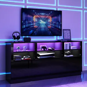 32'' Tall Black TV Stand for 65/75/80/85 Inch TVs with RGB LED Lights,Modern High Gloss Entertainment Center Cabinet Stands with Storage Shelves and Doors,TV Media Console Table for Living Room