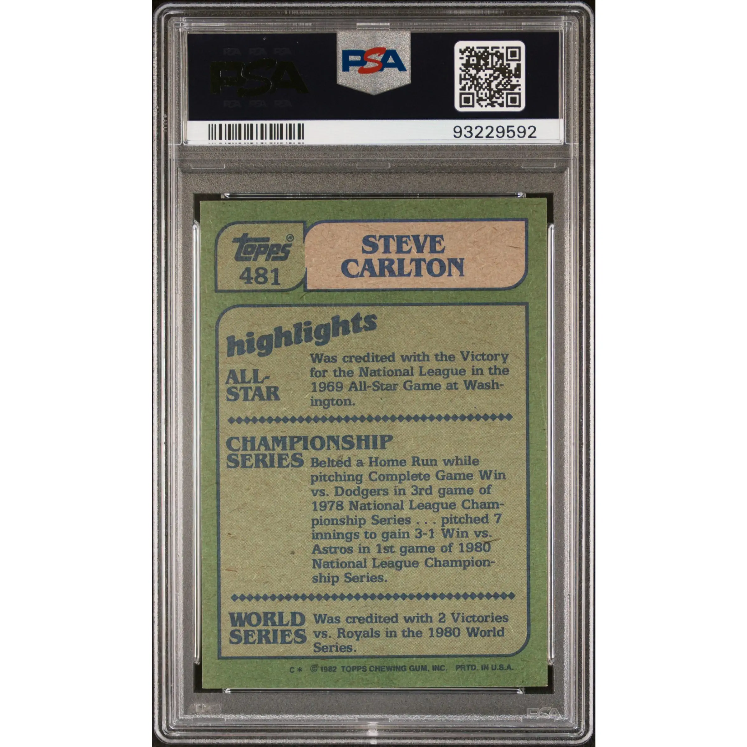 Steve Carlton PSA 1982 Topps In Action Baseball Card #481 10 93229592